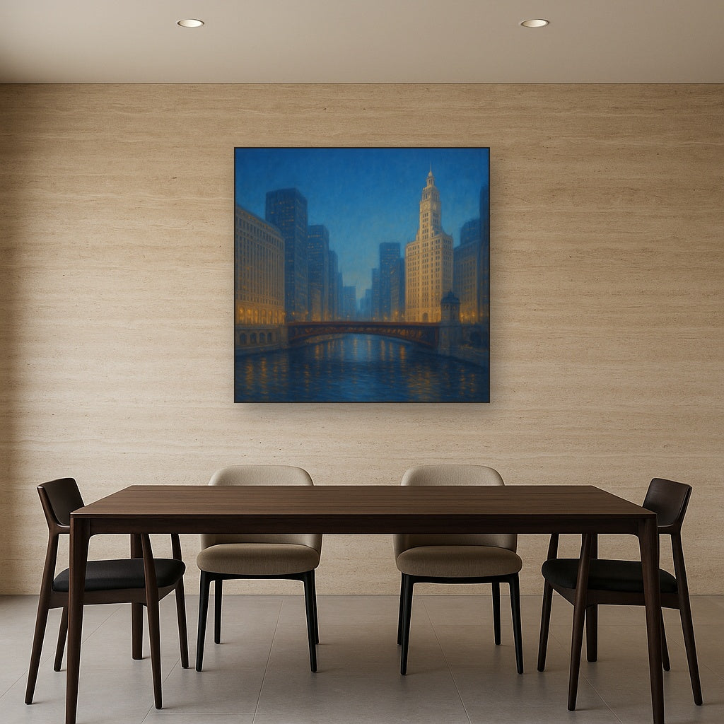 Chicago Riverfront Architecture at Blue Hour No. 8 Oil Painting - View 4