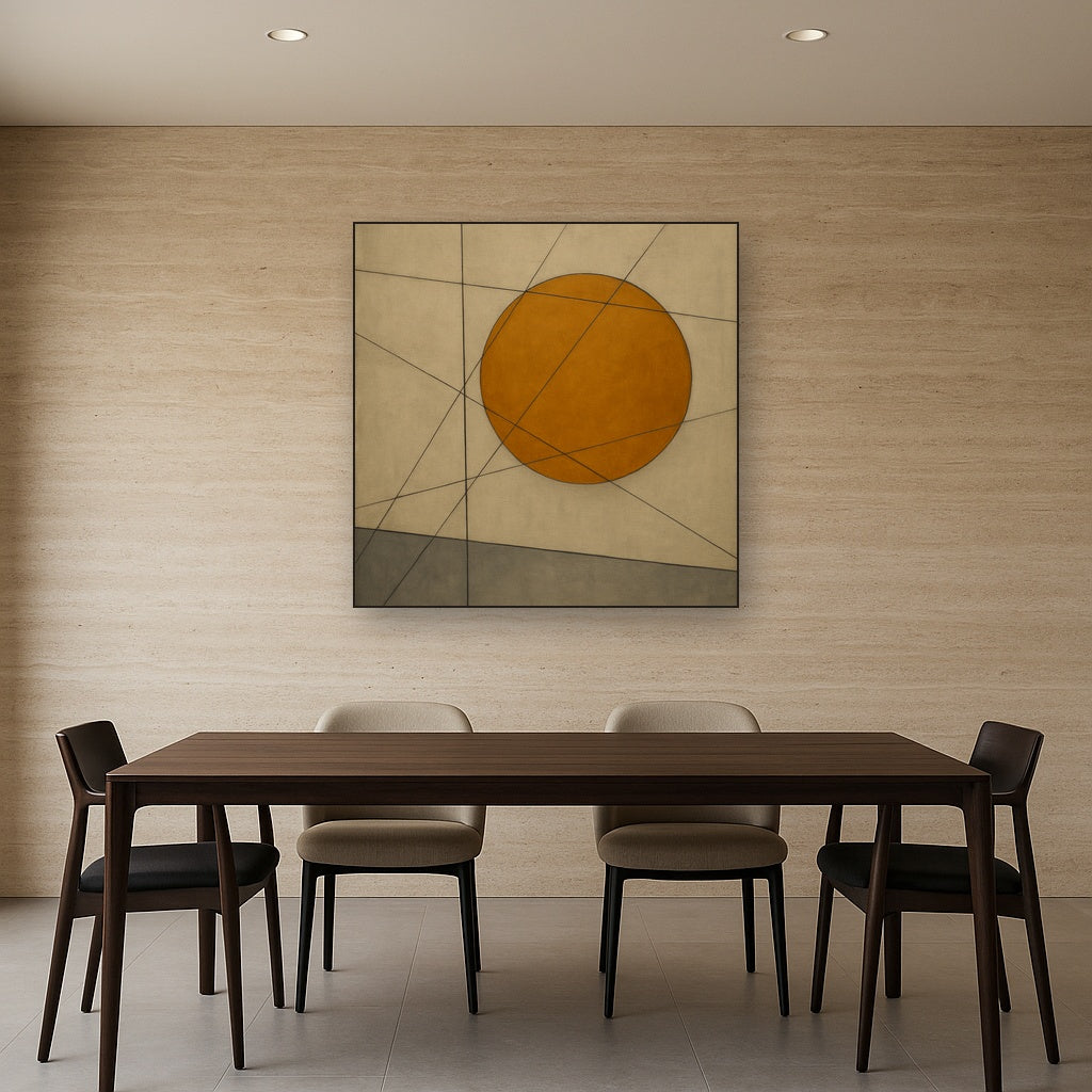 Abstract Tangent Lines & Earthy Ochre Disc No. 8 Oil Painting - View 4