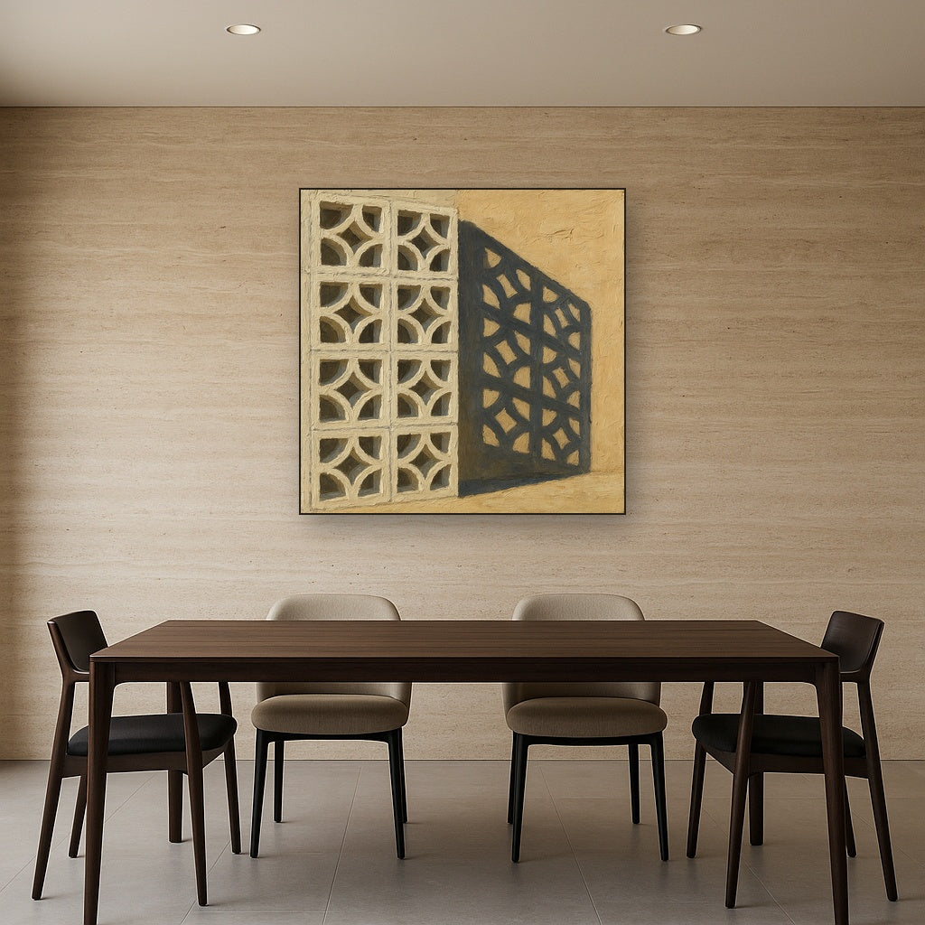 Desert Modern Breeze Block Shadow No. 7 Oil Painting - Styled in Elegant Dining Room