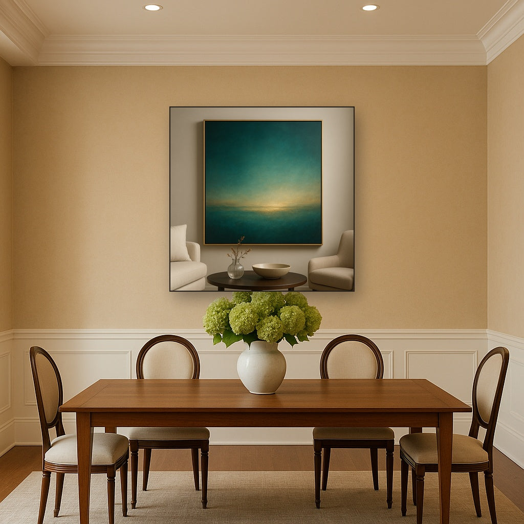 Peacock Teal & Champagne Gold Horizon No. 15 Oil Painting - View 4