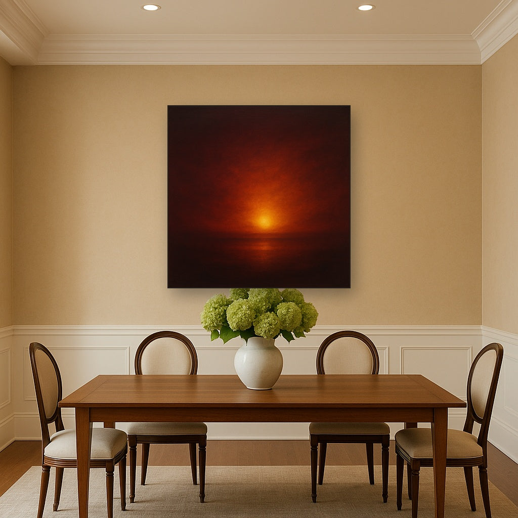 Deep Garnet & Amber Candlelight Horizon No. 4 Oil Painting Staged Above Dining Room Credenza, Elegant Hand Painted Oil Art for Dining Room Walls
