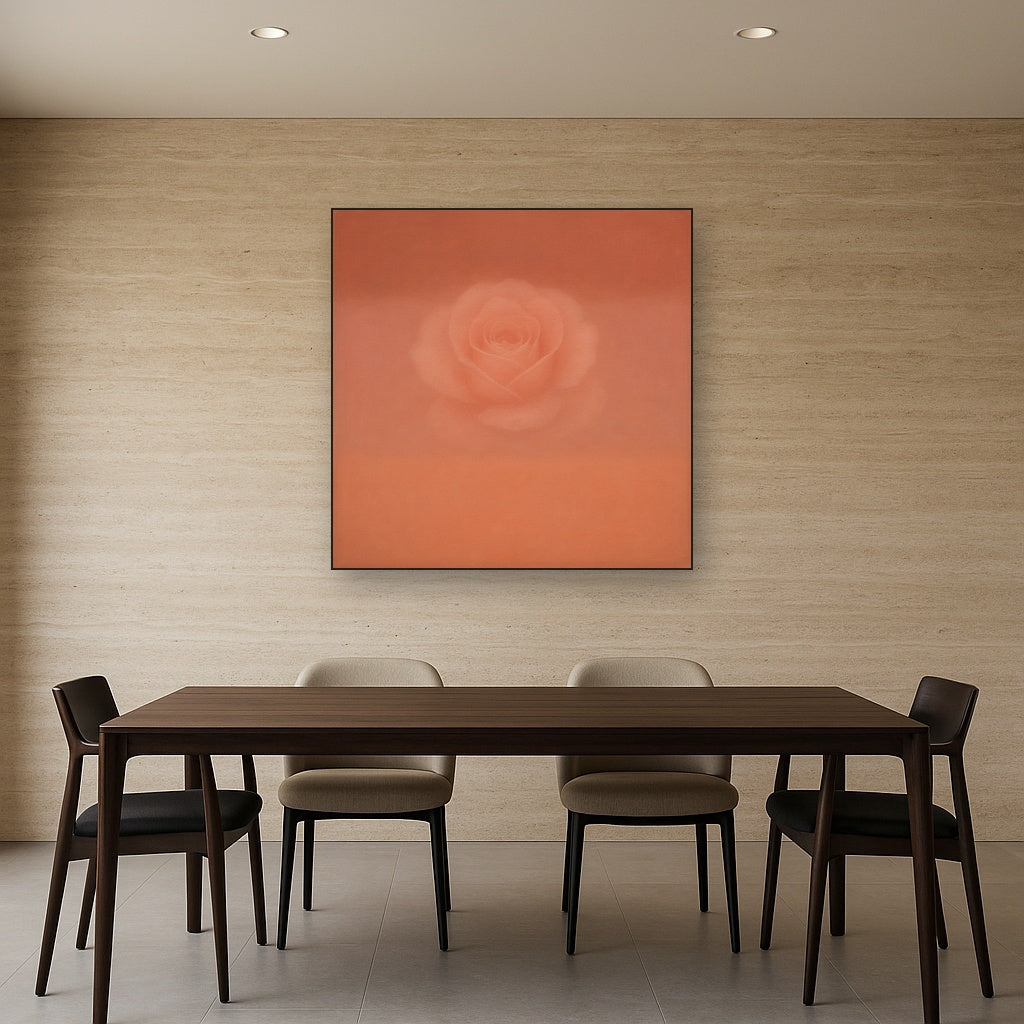Blush Rose & Dusky Terracotta Ambient Glow No. 5 Oil Painting Staged Above Dining Room Credenza, Elegant Hand Painted Oil Art for Dining Room Walls