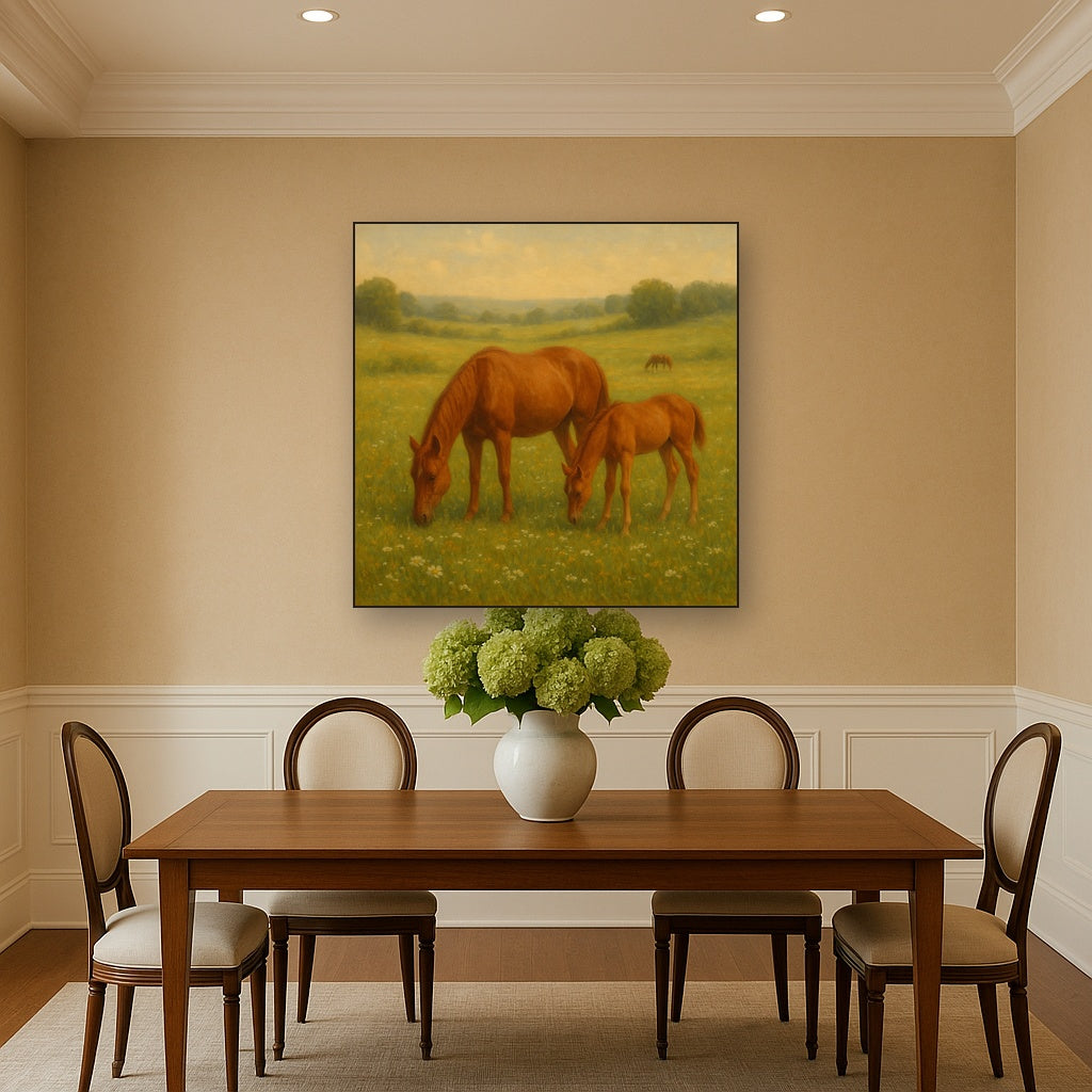 Mares & Foals Grazing in Rolling Meadow No. 7 Oil Painting - View 4