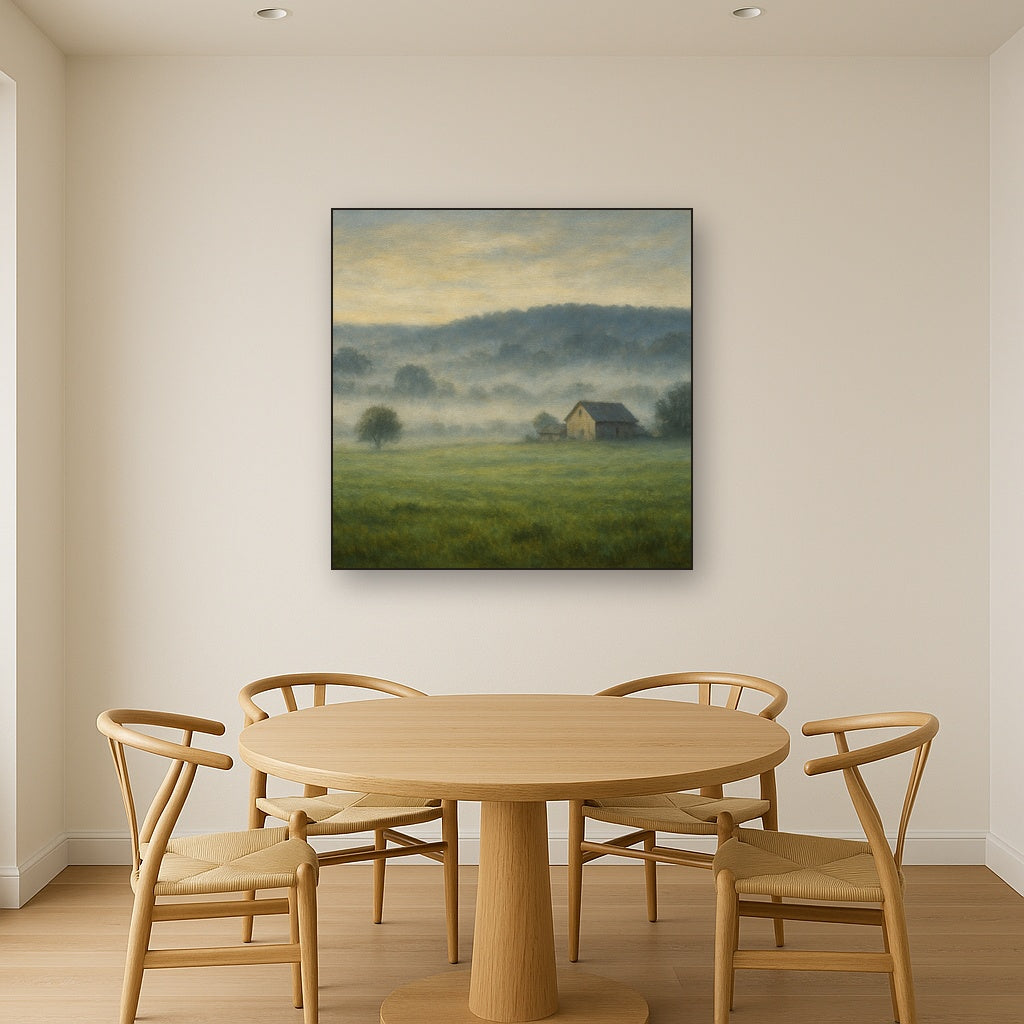 Misty Morning Pasture with Distant Wooded Ridge No. 5 Fine Art Oil Painting - View 4