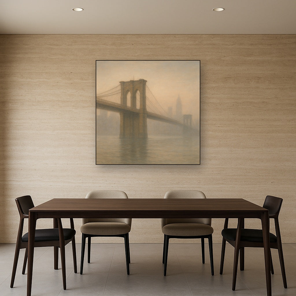 Brooklyn Bridge in Morning River Mist Oil Painting - View 4