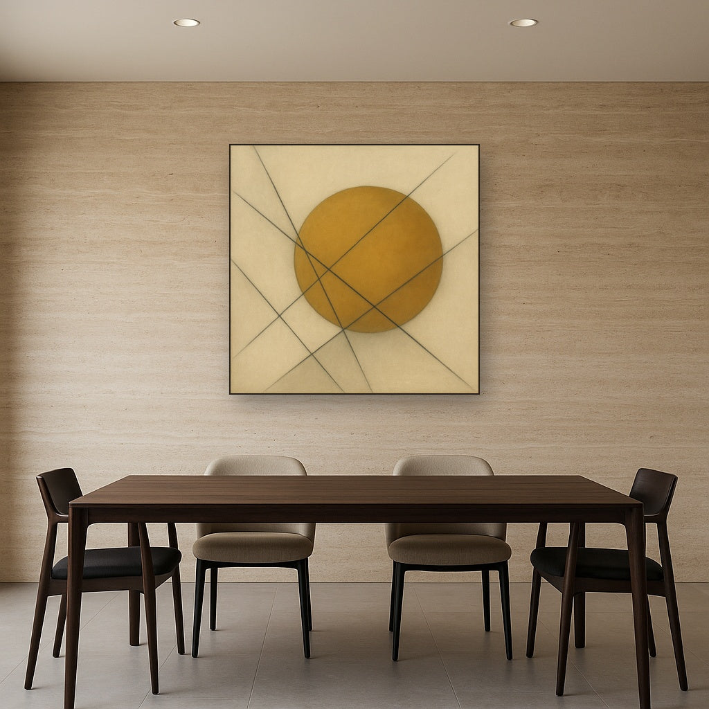 Abstract Tangent Lines & Earthy Ochre Disc No. 21 Oil Painting - View 4