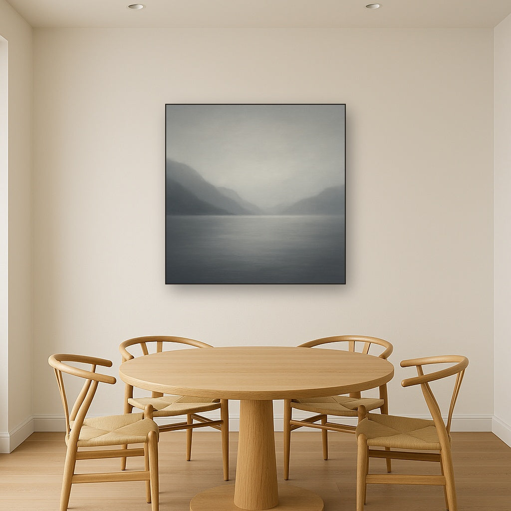 Misty Fjord Horizon in Monochromatic Slate No. 17 Oil Painting Staged Above Dining Room Credenza, Elegant Hand Painted Oil Art for Dining Room Walls