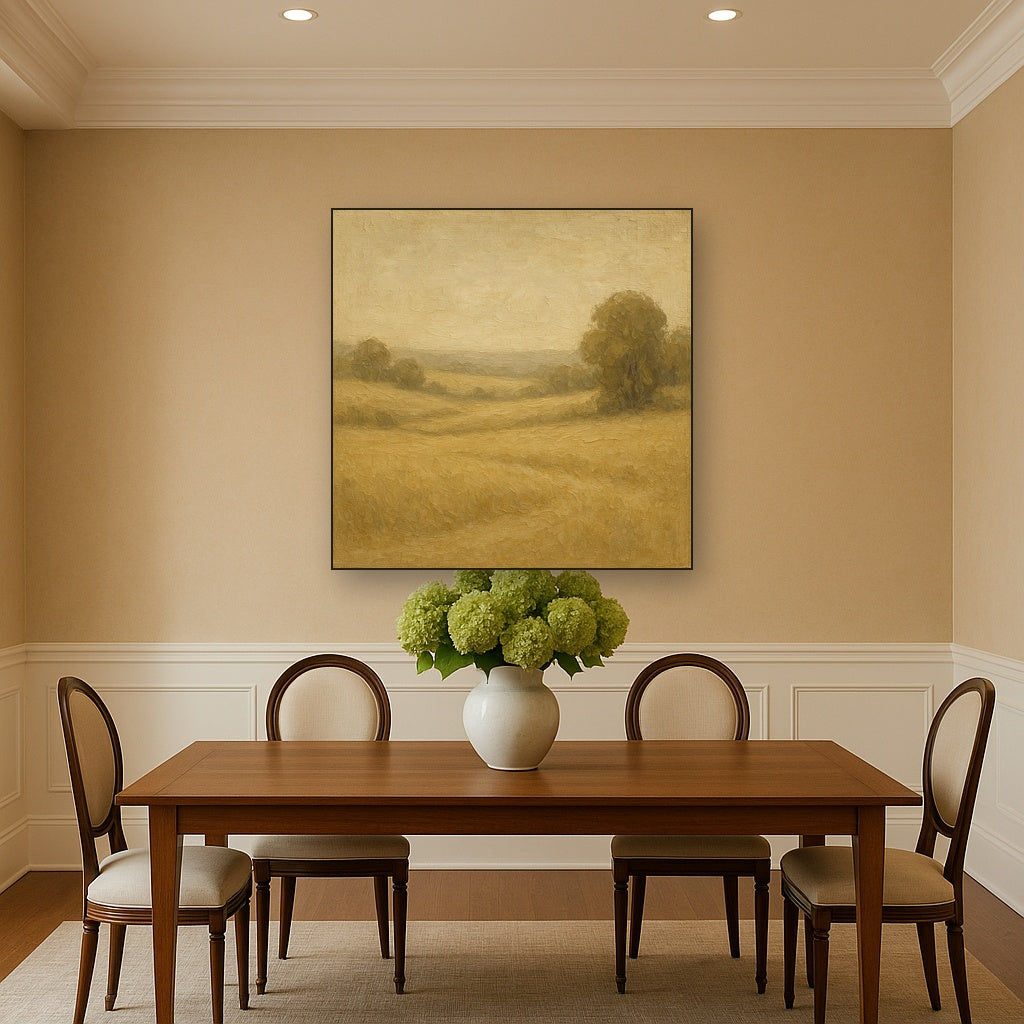 Earthy Linen Plaster Countryside Calm No. 4 Oil Painting - Styled in Elegant Dining Room