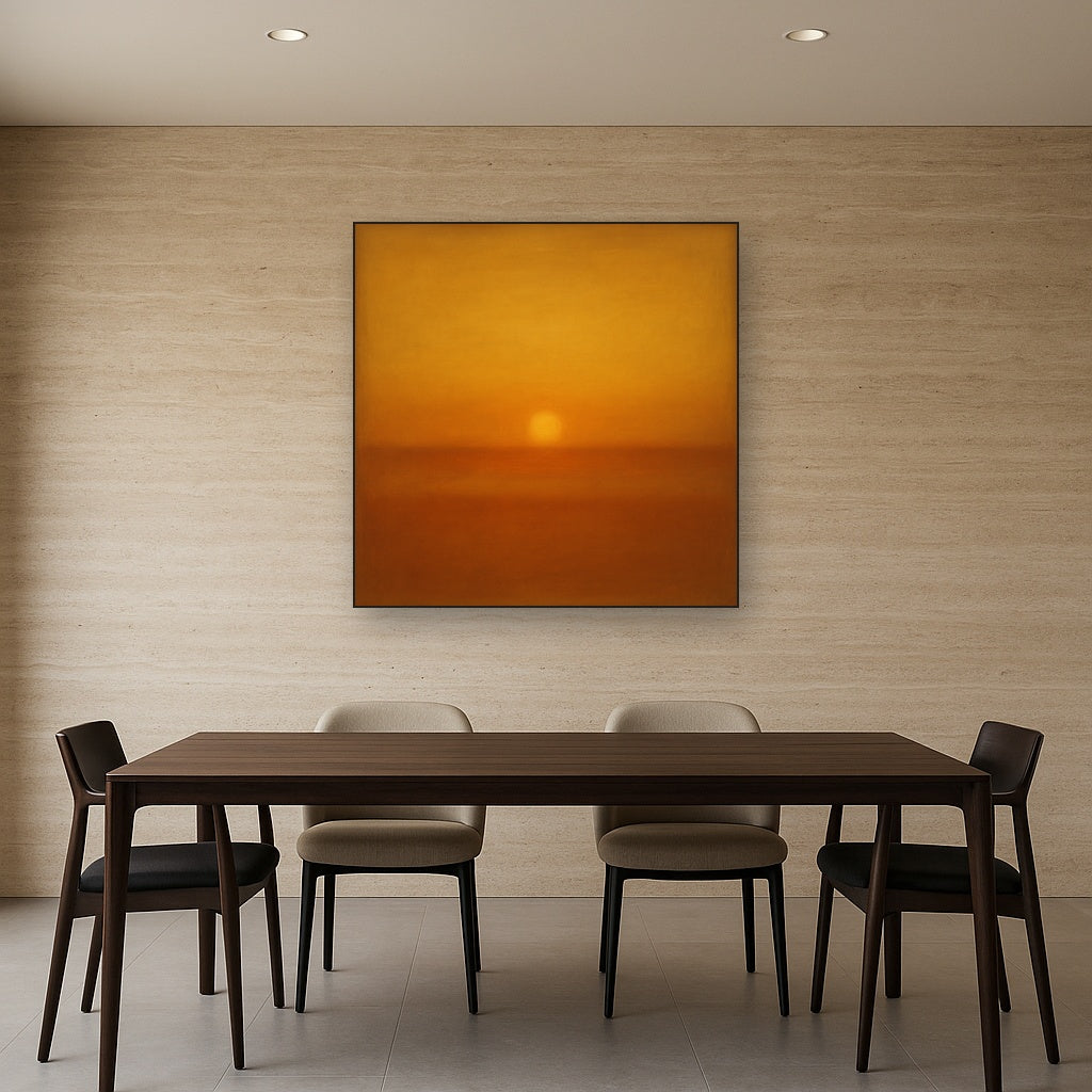 Warm Amber & Raw Sienna Sunset Meditation No. 8 Oil Painting Staged Above Dining Room Credenza, Elegant Hand Painted Oil Art for Dining Room Walls