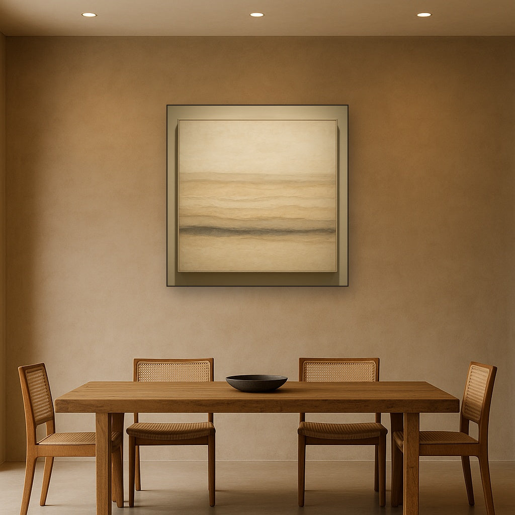 Raw Limestone Horizon & Washed Linen No. 11 Oil Painting Staged Above Dining Room Credenza, Elegant Hand Painted Oil Art for Dining Room Walls