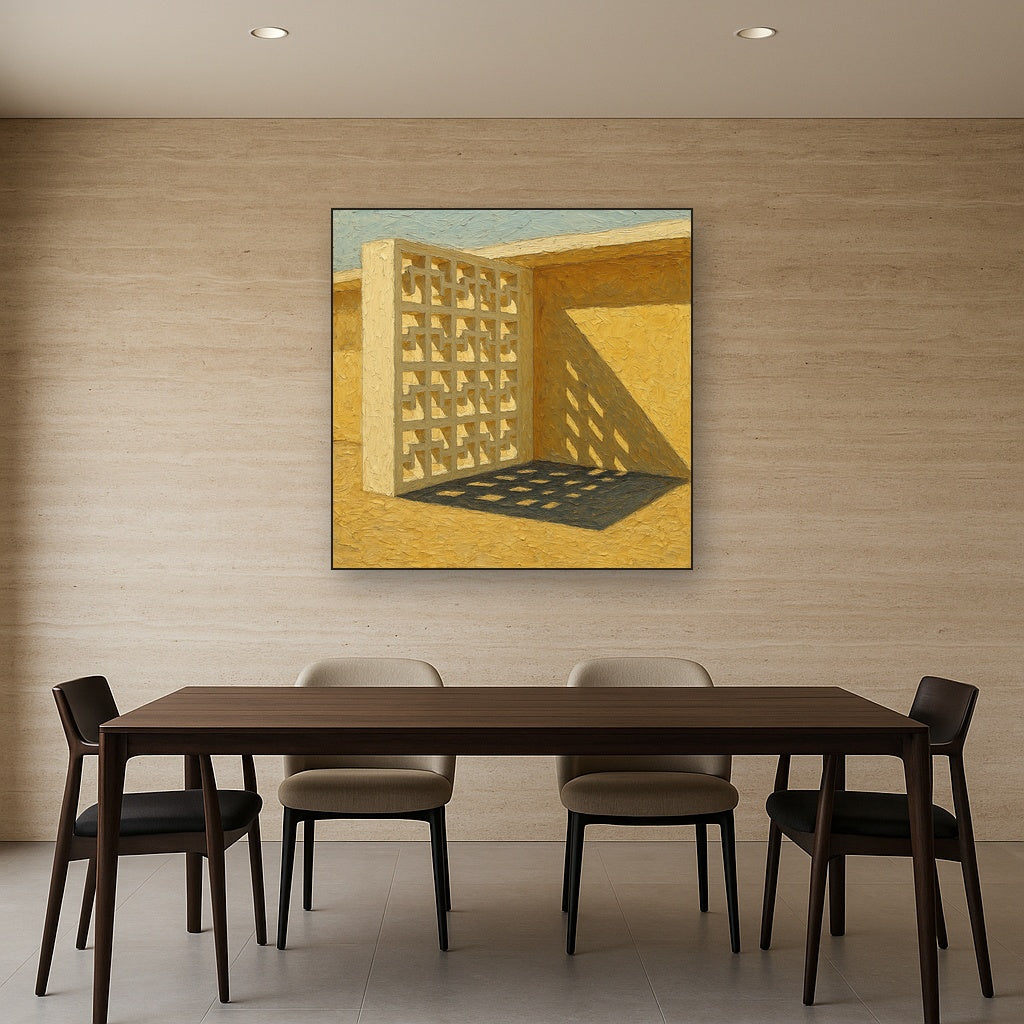 Desert Modern Breeze Block Shadow No. 5 Oil Painting - Styled in Elegant Dining Room