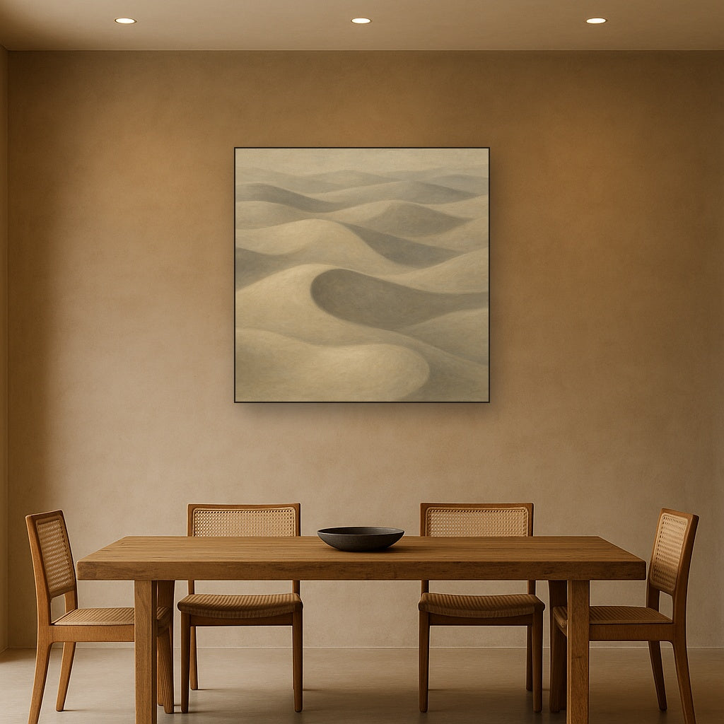 Monochrome Sand Dune Contours & Pale Slate No. 28 Oil Painting Staged Above Dining Room Credenza, Elegant Hand Painted Oil Art for Dining Room Walls