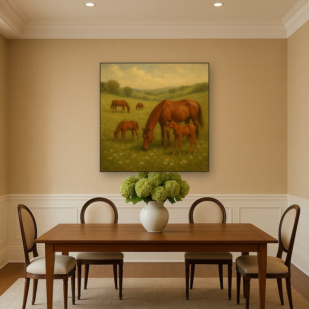 Mares & Foals Grazing in Rolling Meadow No. 10 Oil Painting - View 4