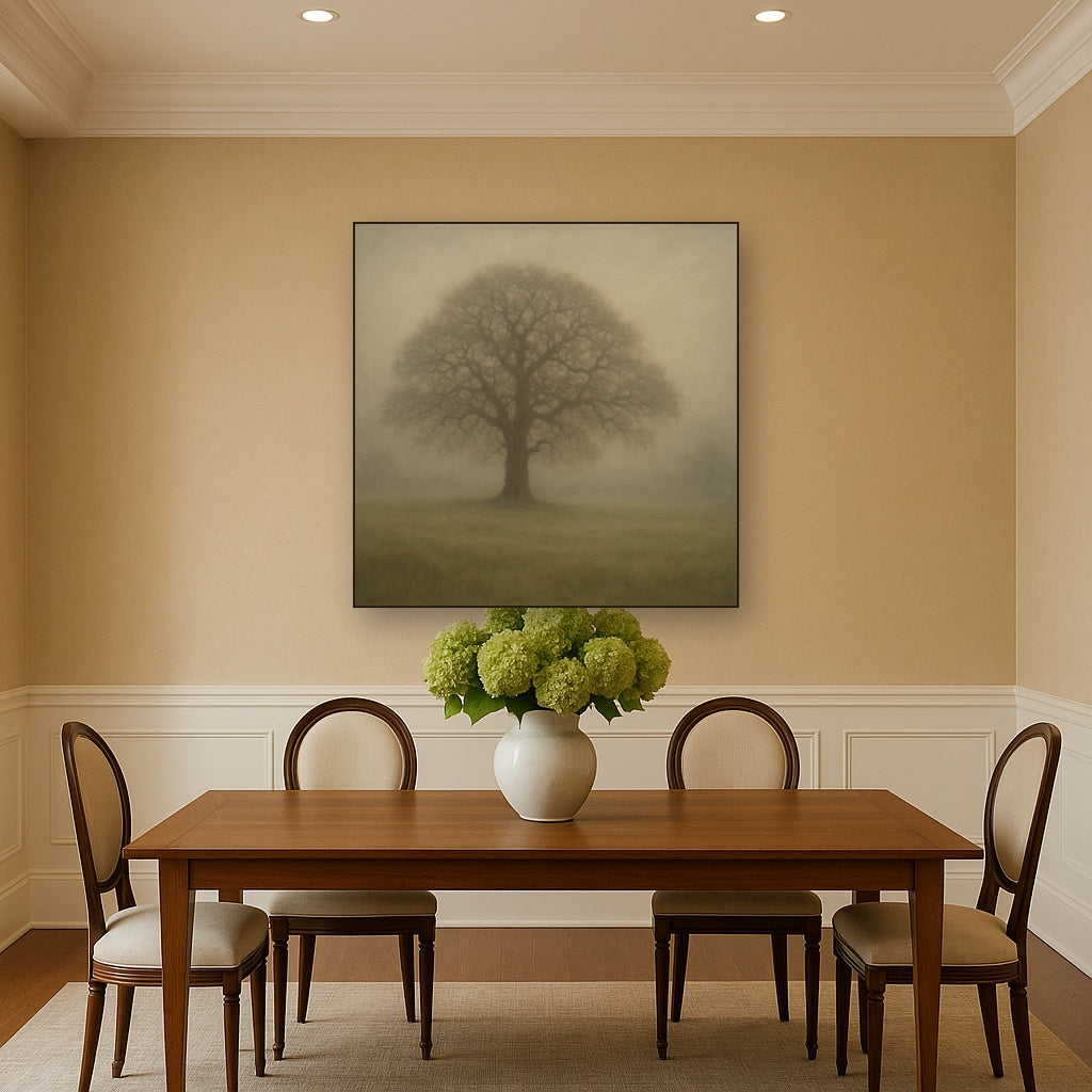 Ancient Solitary Oak in Morning Fog No. 7 Oil Painting - View 4