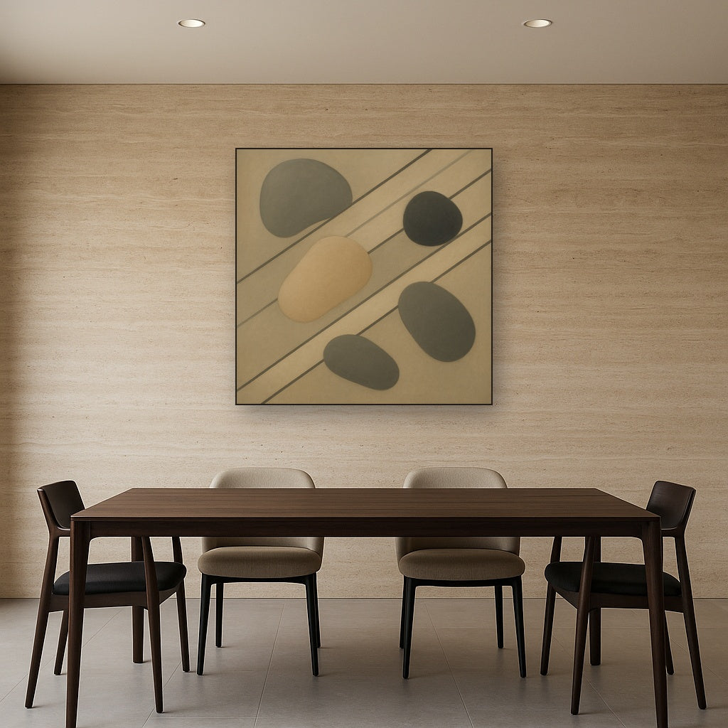 Organic Pebble Contours & Slanted Lines No. 12 Oil Painting Staged Above Dining Room Credenza, Elegant Hand Painted Oil Art for Dining Room Walls