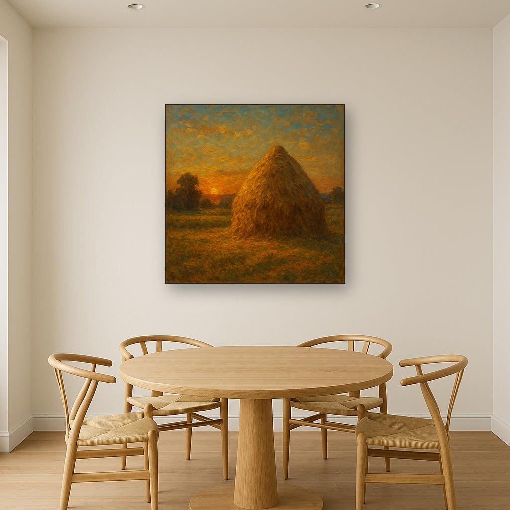 Rustic Countryside Haystack at Sunset No. 3 Oil Painting - Styled in Elegant Dining Room