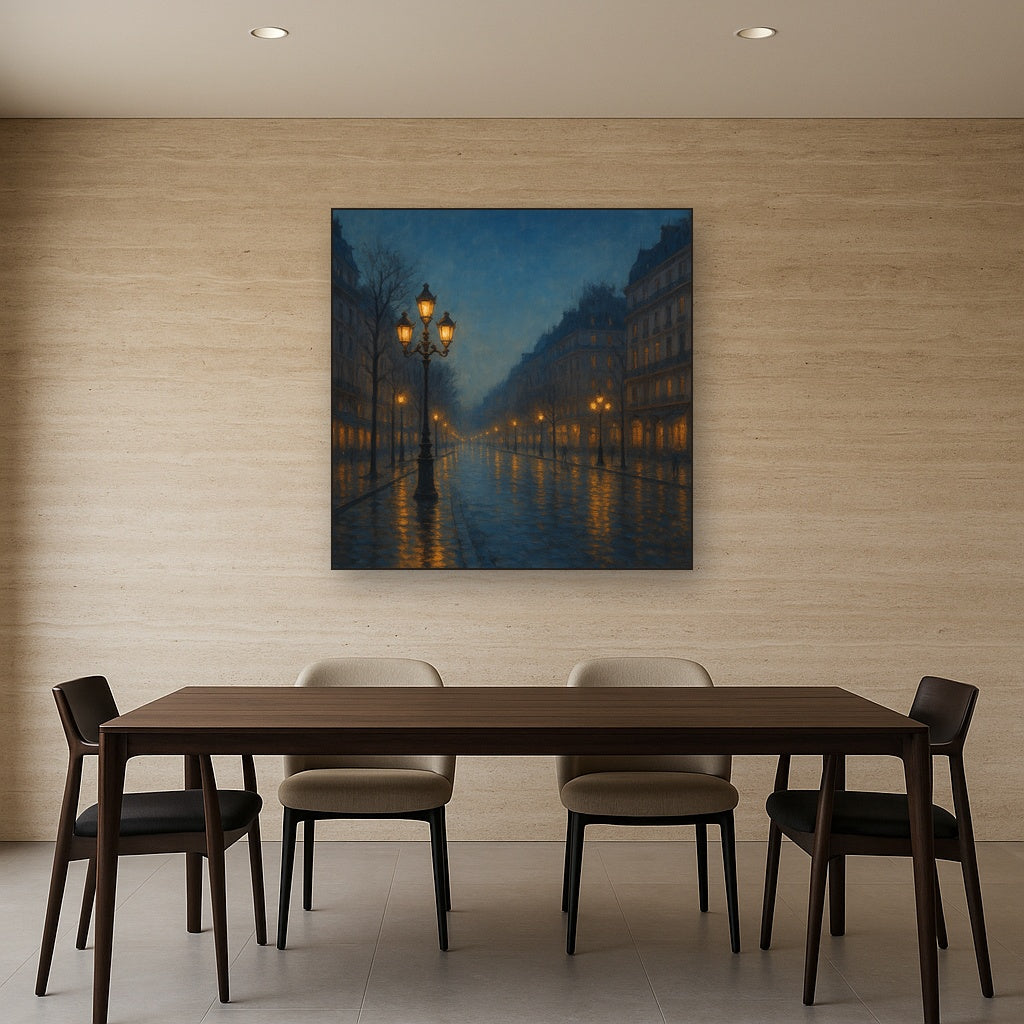 Rainy Parisian Boulevard at Twilight No. 16 Oil Painting Staged Above Dining Room Credenza, Elegant Hand Painted Oil Art for Dining Room Walls