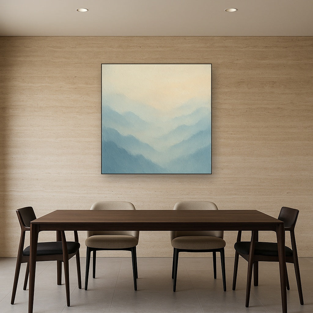 Alpine Mist Abstract Modern Oil Painting - Styled in Elegant Dining Room