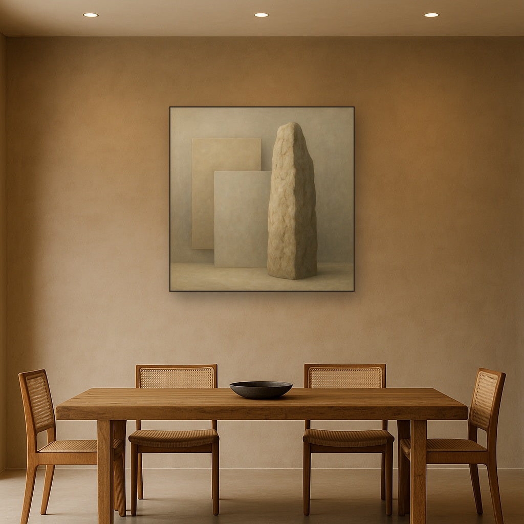 Driftwood Grey & Weathered Stone Monolith No. 18 Oil Painting Staged Above Dining Room Credenza, Elegant Hand Painted Oil Art for Dining Room Walls