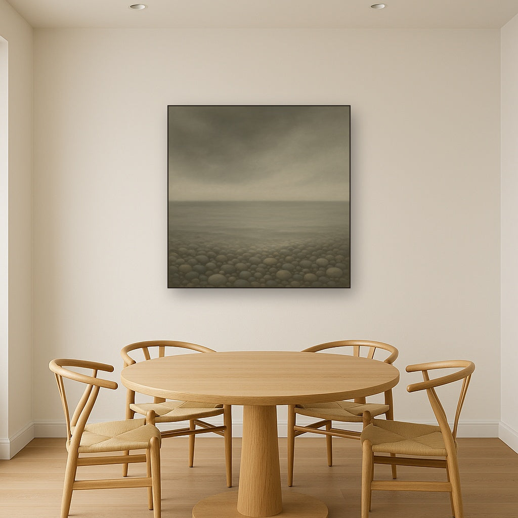 Overcast Coastal Fog & Wet Pebble Shingle No. 12 Oil Painting Staged Above Dining Room Credenza, Elegant Hand Painted Oil Art for Dining Room Walls