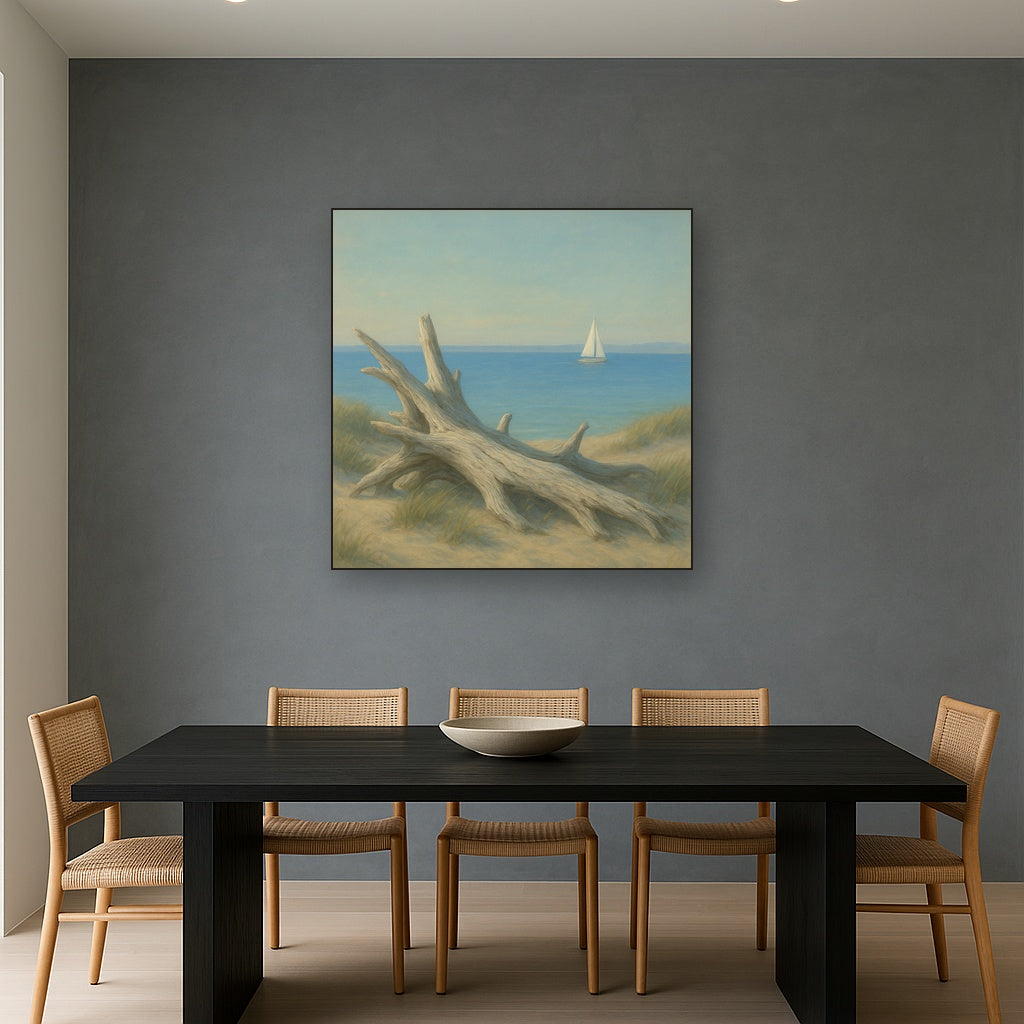 Sun-Bleached Driftwood & Distant Sailboat No. 18 Oil Painting - View 4