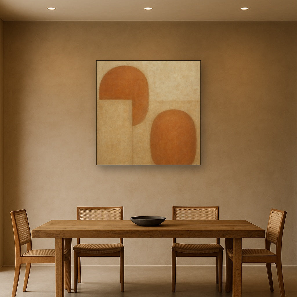 Earthy Terracotta & Weathered Plaster Wash No. 6 Oil Painting Staged Above Dining Room Credenza, Elegant Hand Painted Oil Art for Dining Room Walls