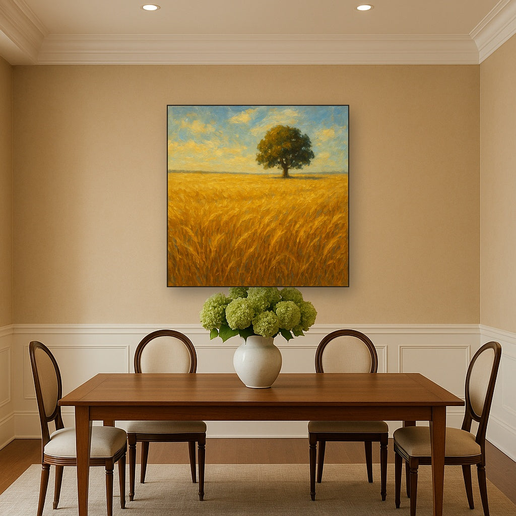 Sun-Drenched Wheat Field & Solitary Tree No. 2 Oil Painting - Styled in Elegant Dining Room