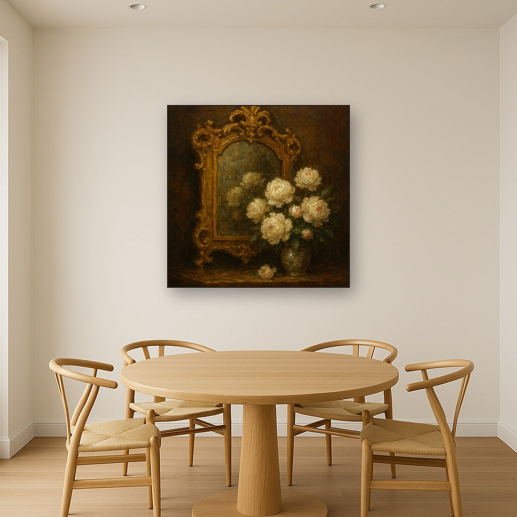 Baroque Gilded Mirror & Peonies Oil Painting - Styled in Elegant Dining Room