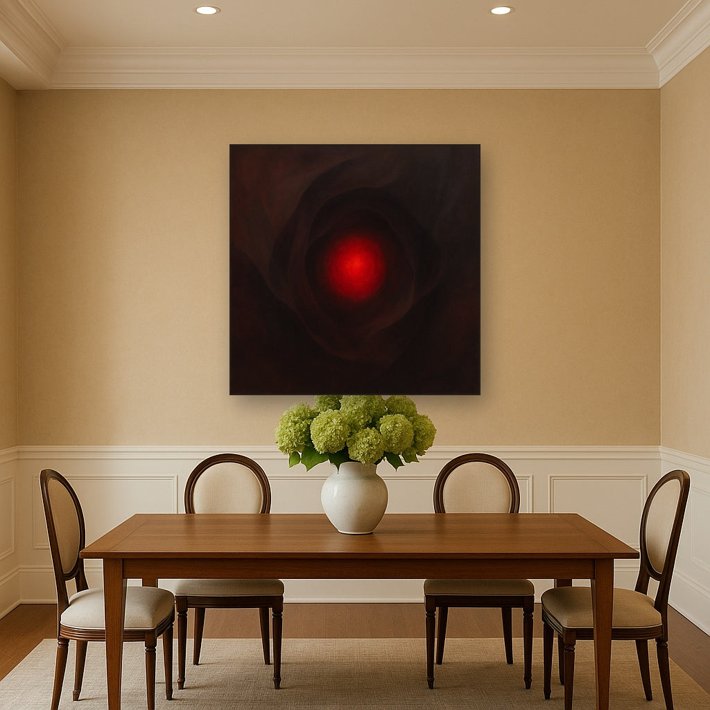 Smoky Ruby & Warm Obsidian Veils No. 18 Oil Painting Staged Above Dining Room Credenza, Elegant Hand Painted Oil Art for Dining Room Walls