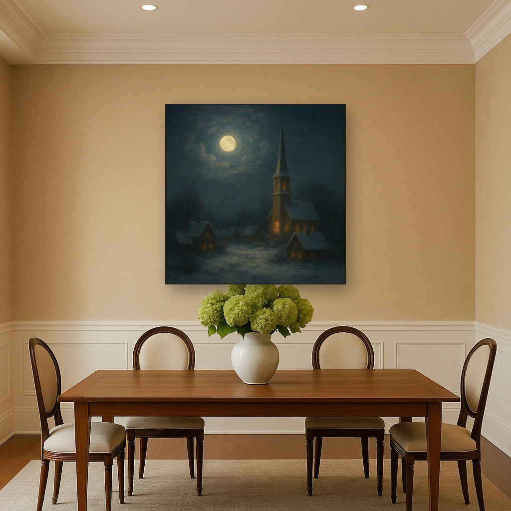 Moonlight Over Snowy Village Steeple Oil Painting - View 4