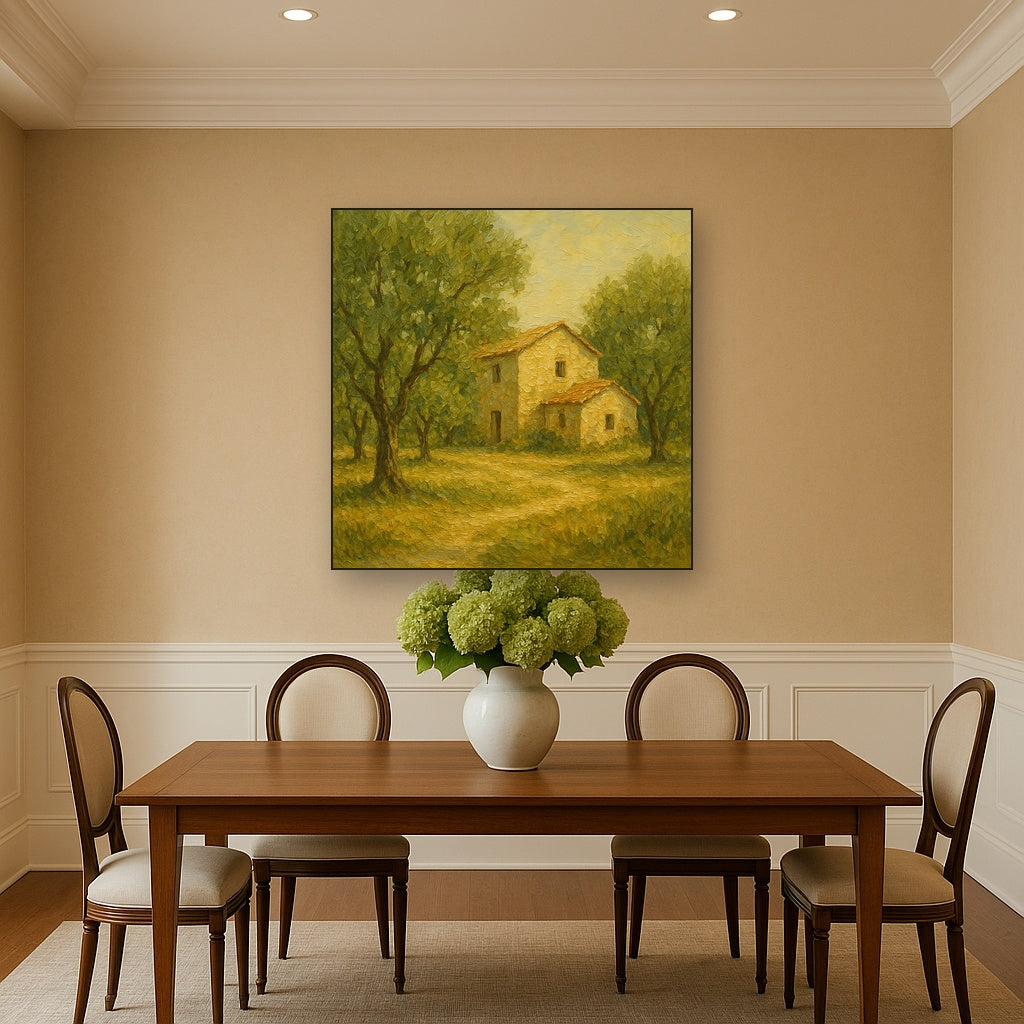 Vintage Olive Grove & Stone Farmhouse No. 5 Oil Painting - Styled in Elegant Dining Room