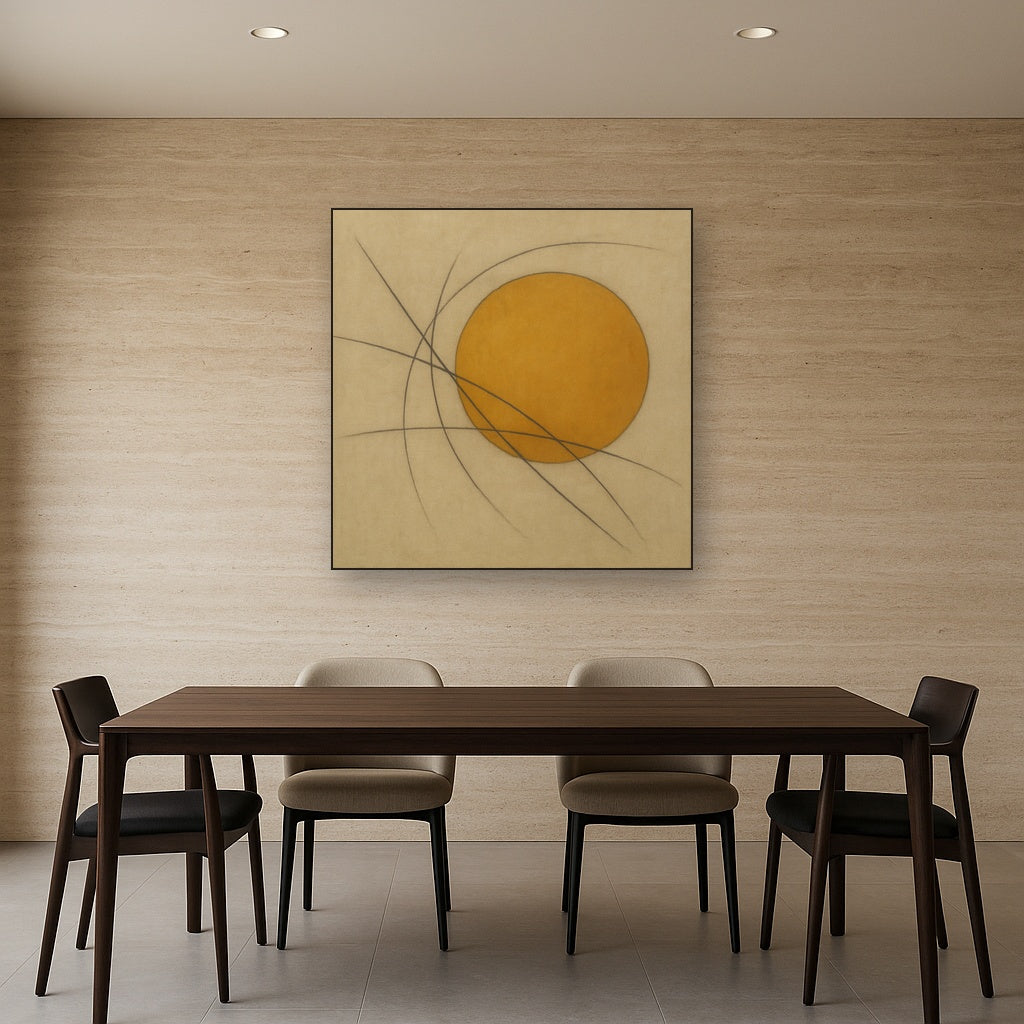 Abstract Tangent Lines & Earthy Ochre Disc No. 5 Oil Painting - View 4
