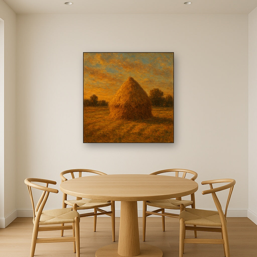Rustic Countryside Haystack at Sunset Oil Painting - Styled in Elegant Dining Room