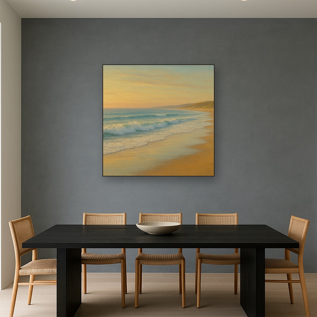 Gentle Breaking Waves & Wet Beach Reflection No. 19 Oil Painting Staged Above Dining Room Credenza, Elegant Hand Painted Oil Art for Dining Room Walls