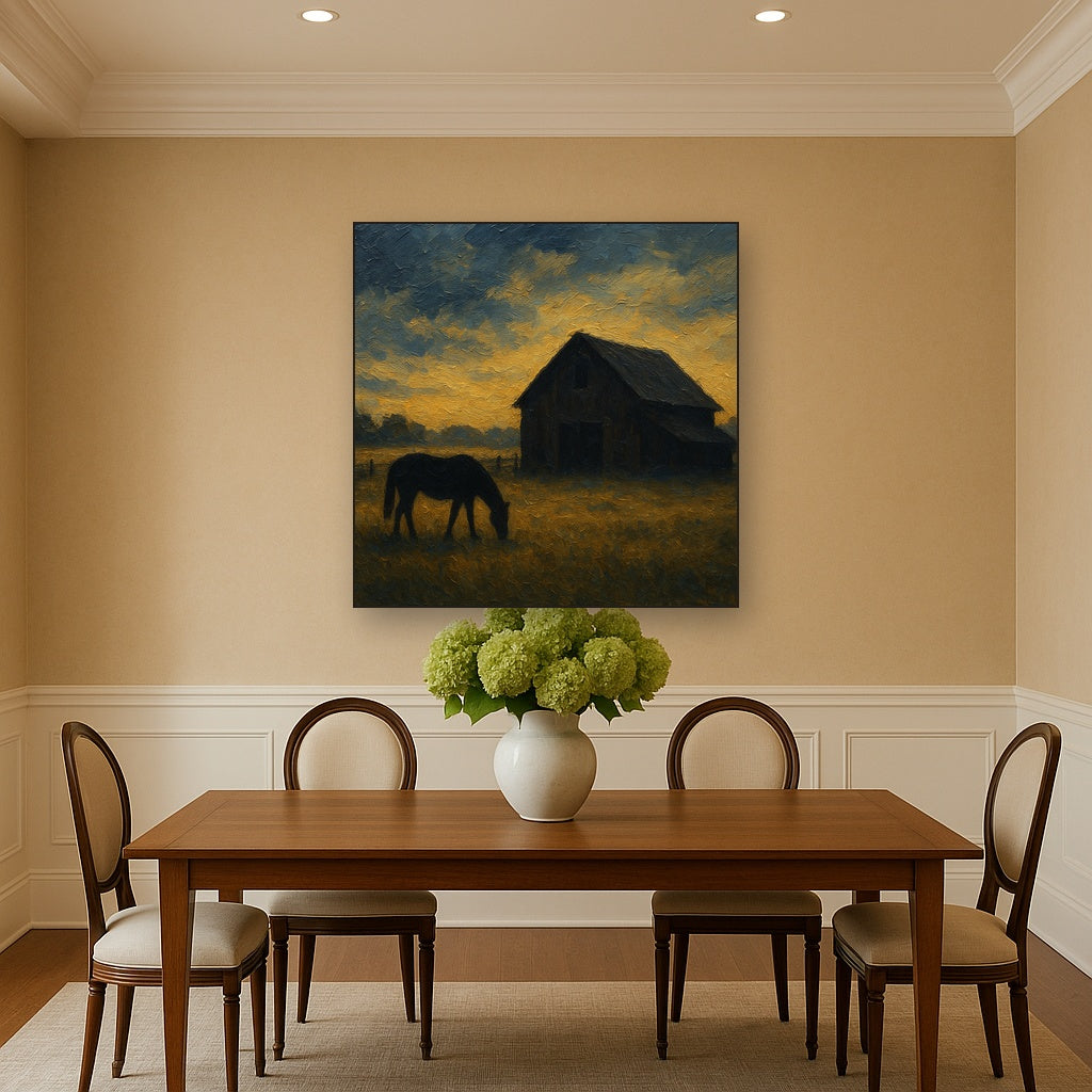 Rustic Equestrian Stable Silhouette No. 2 Oil Painting - Styled in Elegant Dining Room