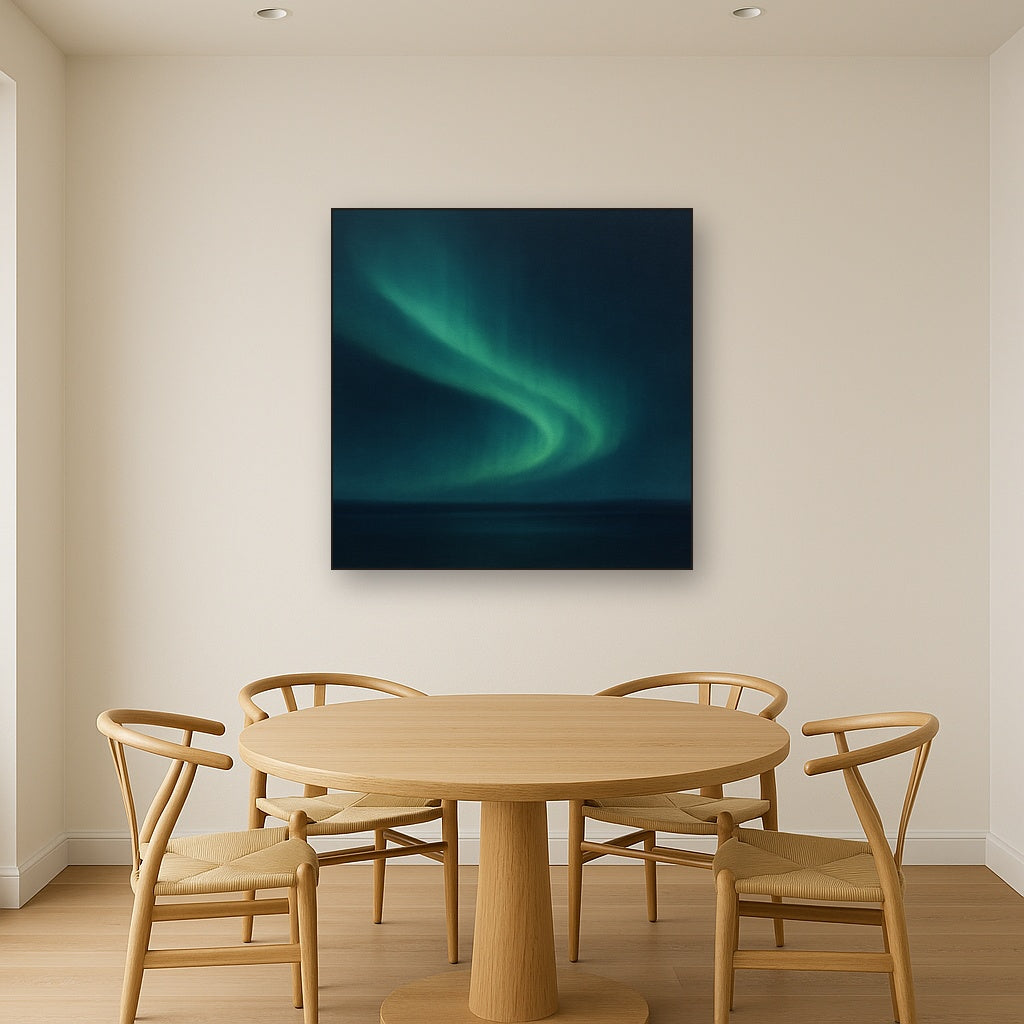 Aurora Borealis Veil in Deep Midnight Indigo No. 18 Oil Painting Staged Above Dining Room Credenza, Elegant Hand Painted Oil Art for Dining Room Walls
