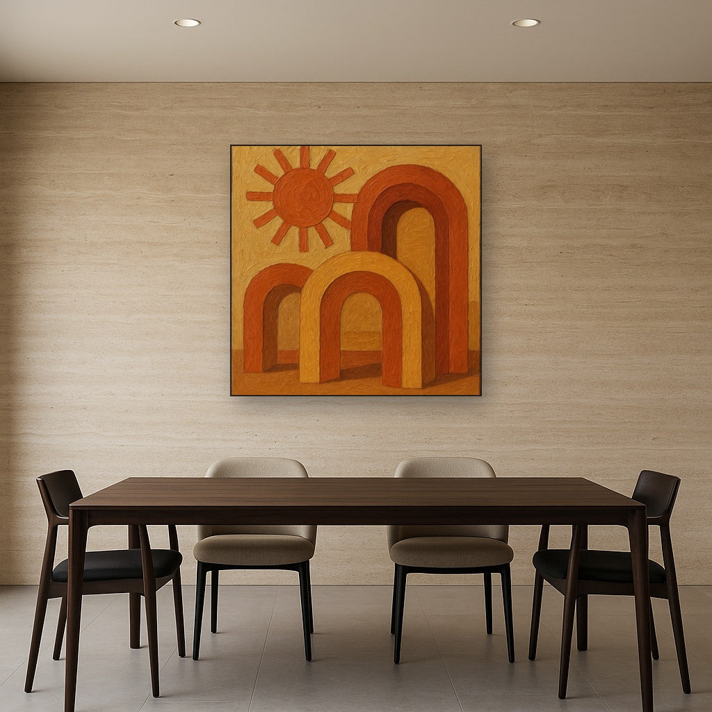 Mid-Century Terracotta Sun & Arches No. 2 Oil Painting - Styled in Elegant Dining Room