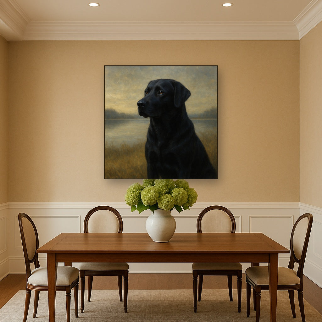 Black Labrador Retriever by Misty Lake Horizon Fine Art Oil Painting - View 4