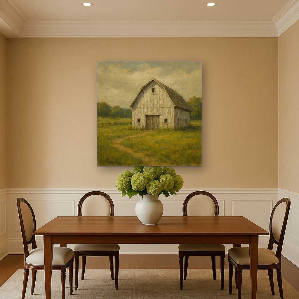 Weathered White Barn & Pasture No. 3 Oil Painting - Styled in Elegant Dining Room