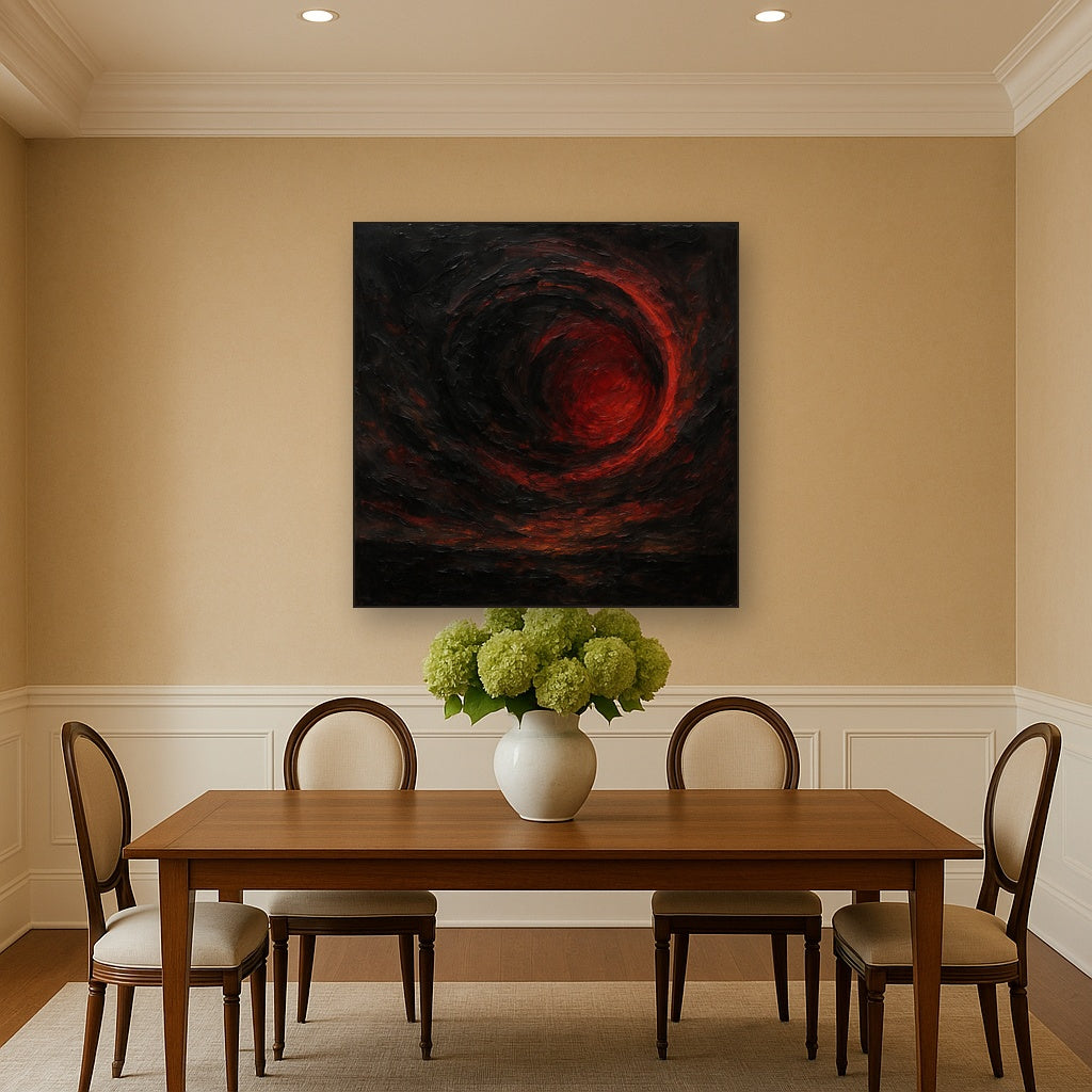 Midnight Onyx & Crimson Eclipse No. 5 Oil Painting - Styled in Elegant Dining Room
