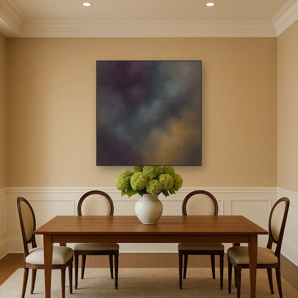 Gilded Plum & Soft Smoke Cloud Harmony No. 20 Oil Painting Staged Above Dining Room Credenza, Elegant Hand Painted Oil Art for Dining Room Walls