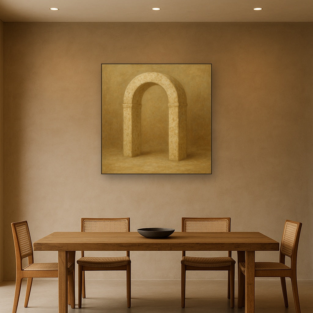 Travertine Stone Arch & Earth Tones No. 14 Oil Painting Staged Above Dining Room Credenza, Elegant Hand Painted Oil Art for Dining Room Walls