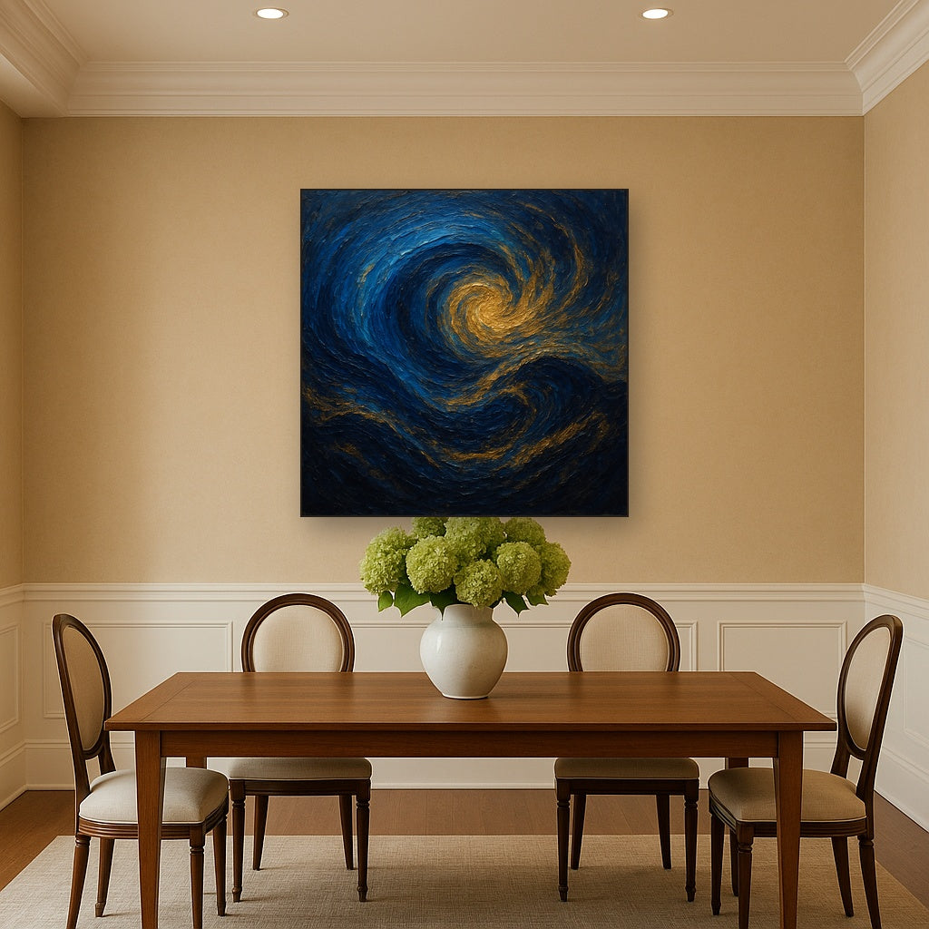 Imperial Sapphire & Midnight Wave Oil Painting - Styled in Elegant Dining Room