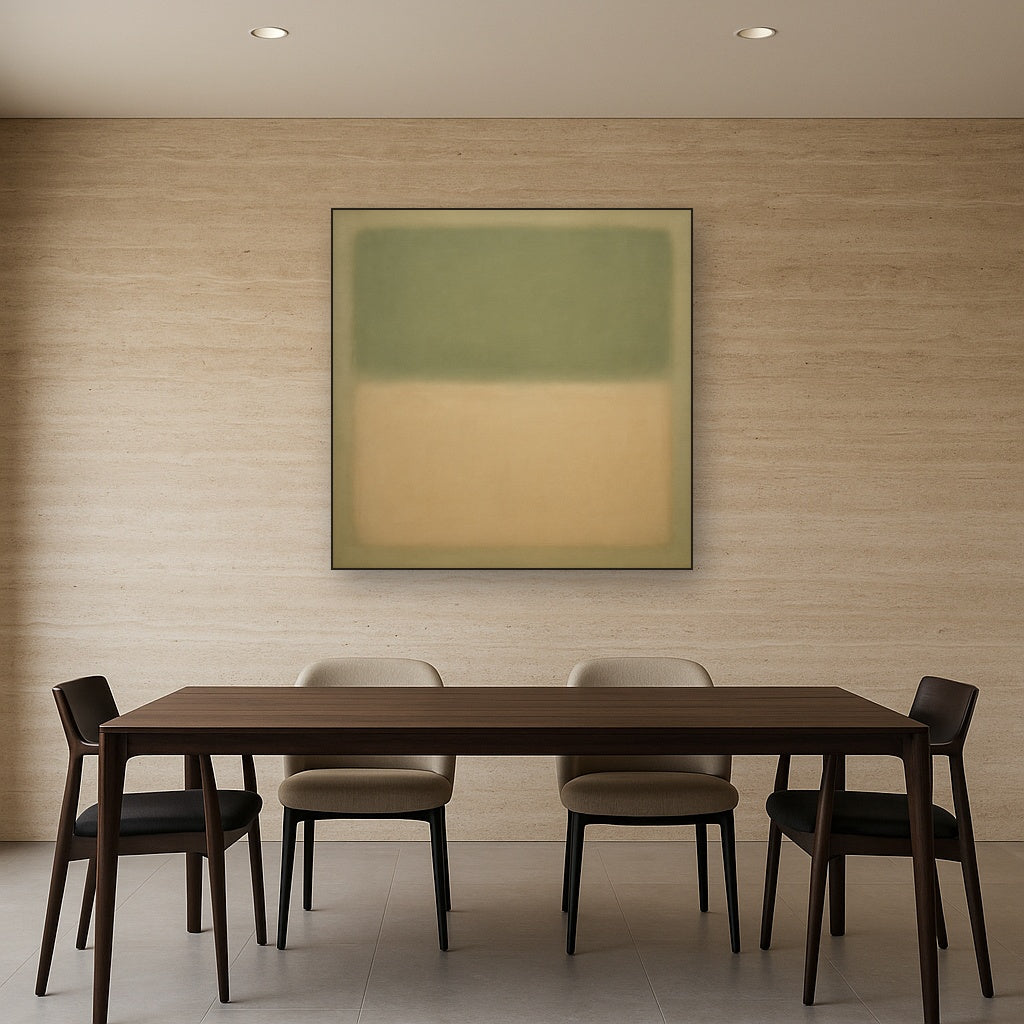 Sage Olive & Pale Sandstone Minimalist Harmony No. 2 Oil Painting Staged Above Dining Room Credenza, Elegant Hand Painted Oil Art for Dining Room Walls