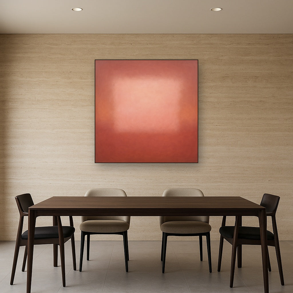 Blush Rose & Dusky Terracotta Ambient Glow No. 21 Oil Painting Staged Above Dining Room Credenza, Elegant Hand Painted Oil Art for Dining Room Walls