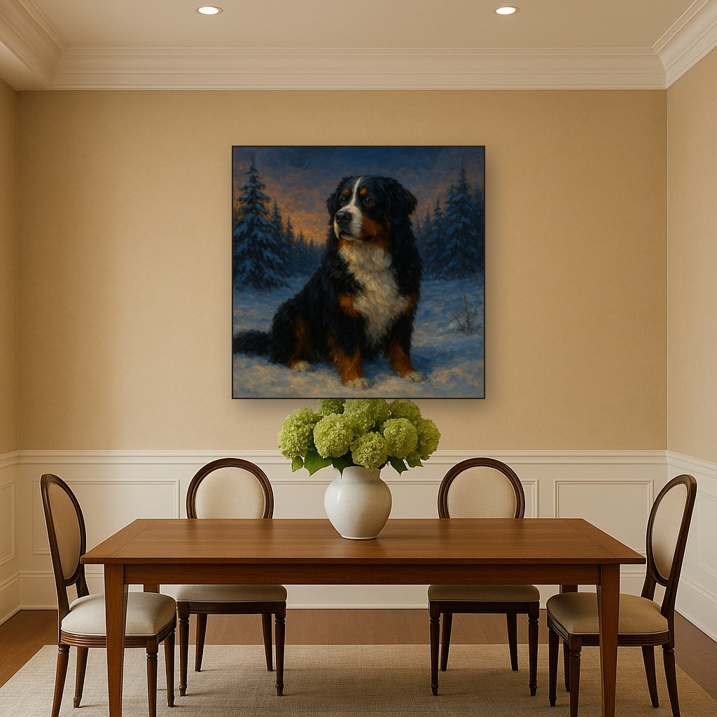 Bernese Mountain Dog in Winter Snowscape No. 6 Fine Art Oil Painting - View 4