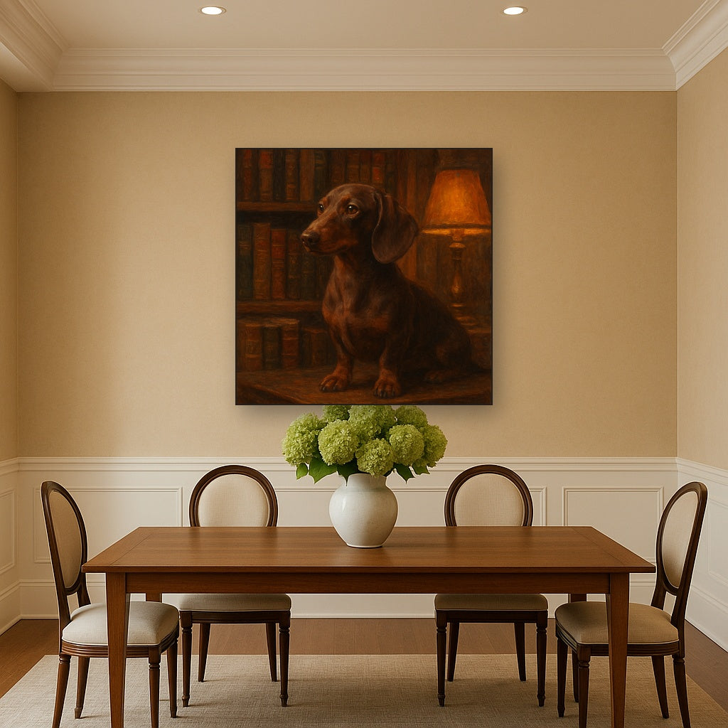 Smooth Dachshund in Moody Library Study No. 16 Fine Art Oil Painting - View 4