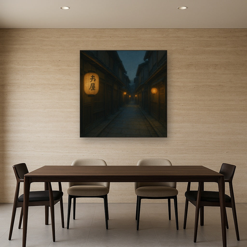 Old Kyoto Gion Alley in Soft Lantern Light No. 6 Oil Painting Staged Above Dining Room Credenza, Elegant Hand Painted Oil Art for Dining Room Walls