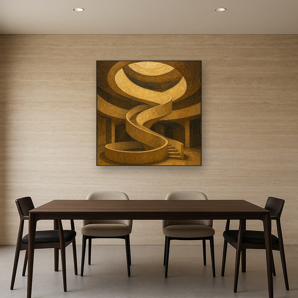 Travertine Spiral Atrium Perspective No. 6 Oil Painting - Styled in Elegant Dining Room