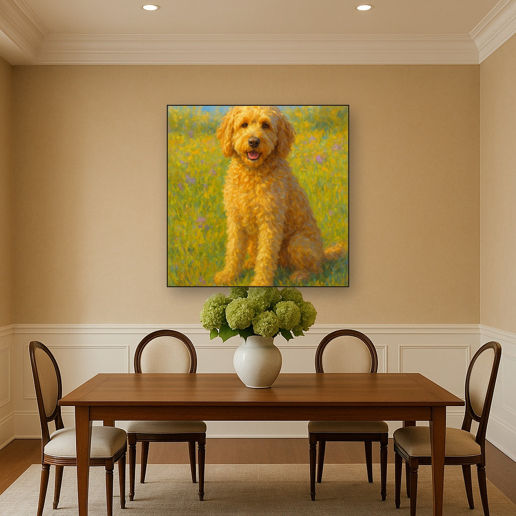 Fluffy Goldendoodle in Sun-Drenched Meadow No. 15 Fine Art Oil Painting - View 4